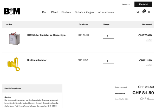 Warenkorb des Webshops von B+M