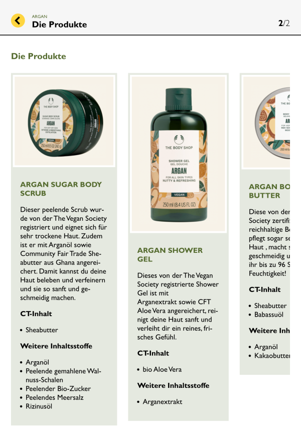 Verschiedene Informationen zu Body Shop Artikeln in einer Slideshow