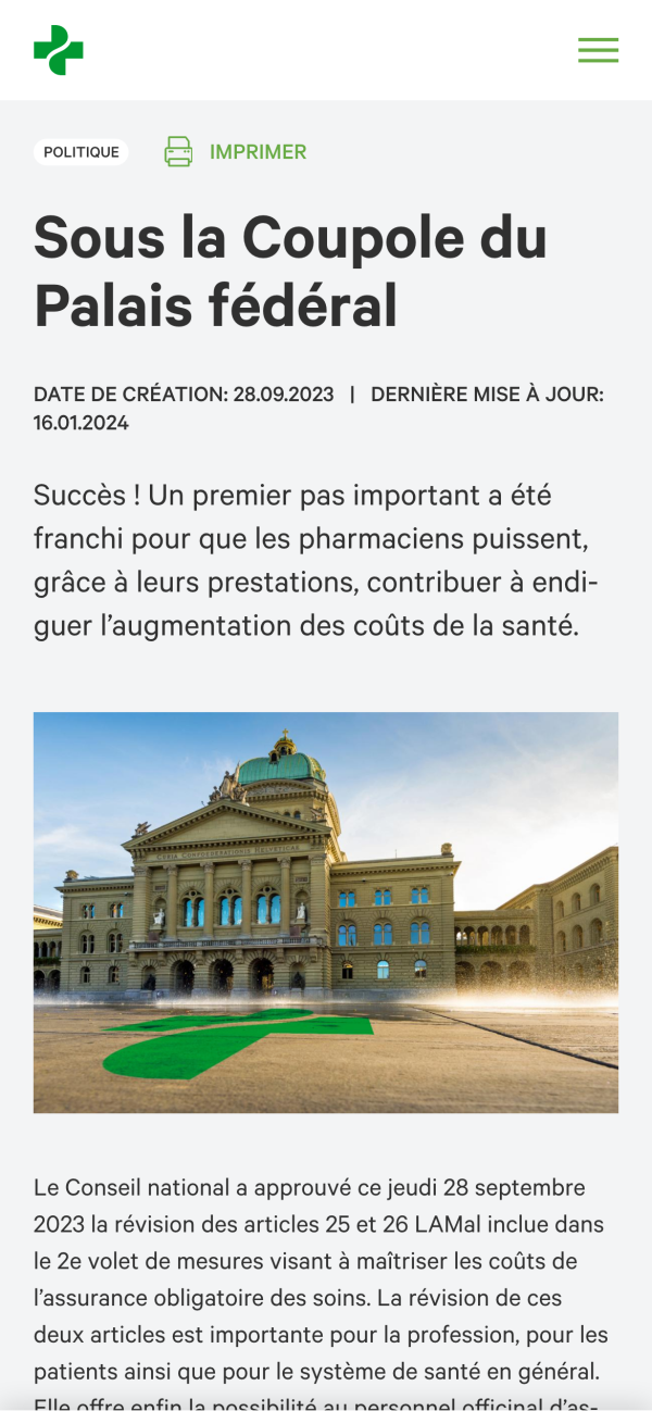 Mobile Startseite des Pharmasuisse Infoletters