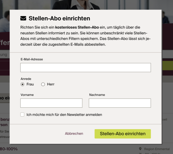 Formular für die Anmeldung des Stellen-Abos von Careerplus