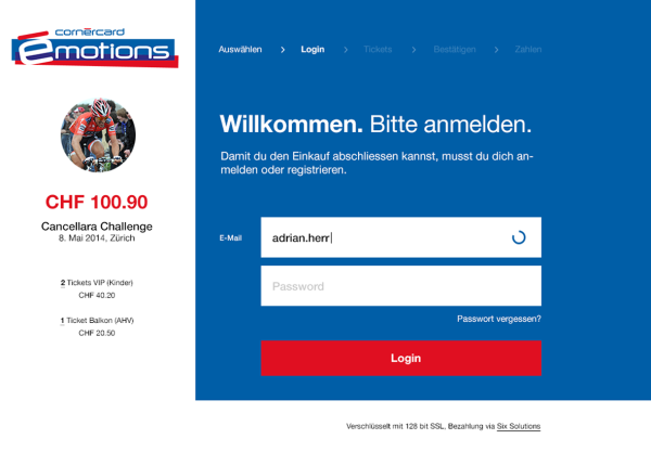 Screenshot Login für Cornèrcard Emotions