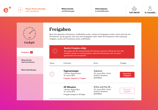 Screenshot Eventbooster Cockpit zur Freigabe von Promotionen