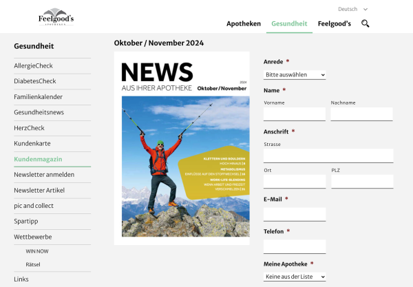 Screenshot Formular zur Anmeldung des Newsletters von Feelgoods Apotheken
