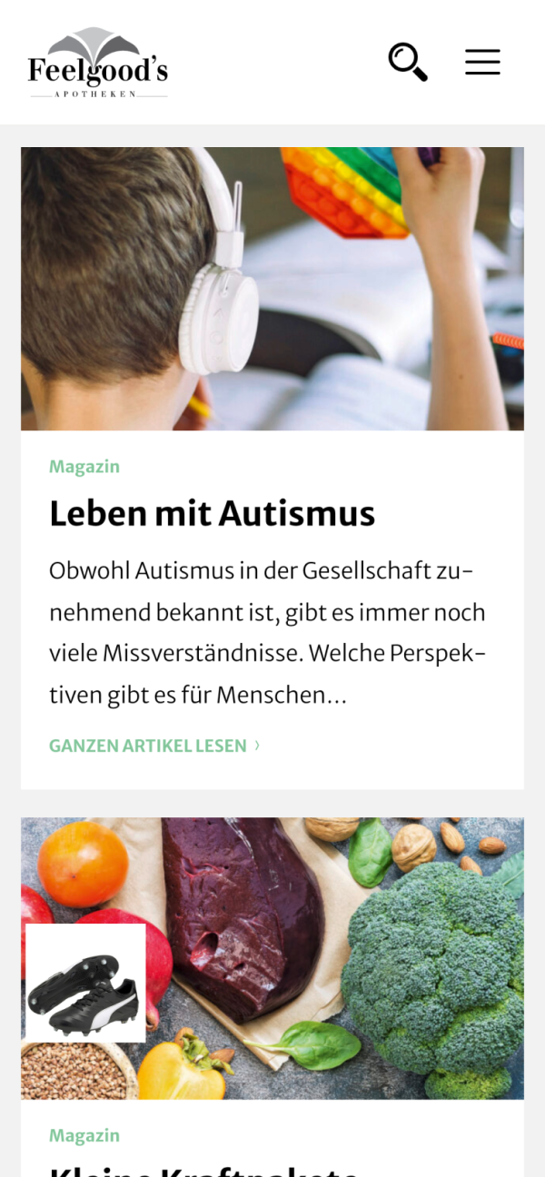 Screenshot der Seite Newsübersicht von Feelgoods Apotheken